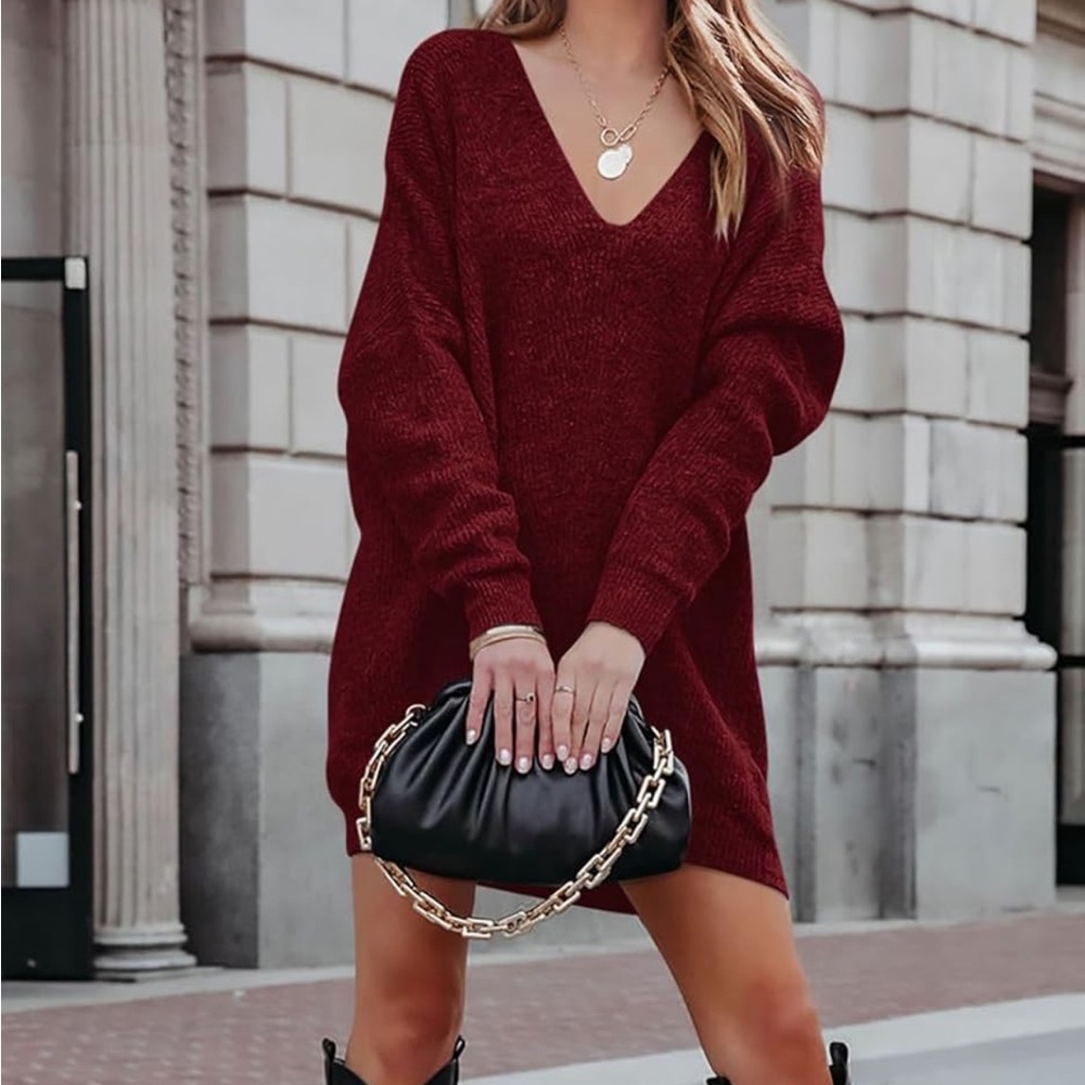 Burgundy Long Sleeve V-Neck Sweater Dress ❤️